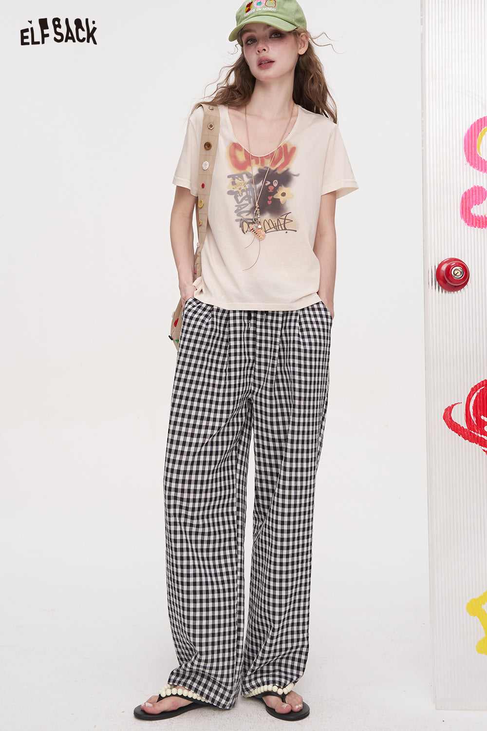 ELFSACK Checkered Wide Leg Casual Straight Leg Pants