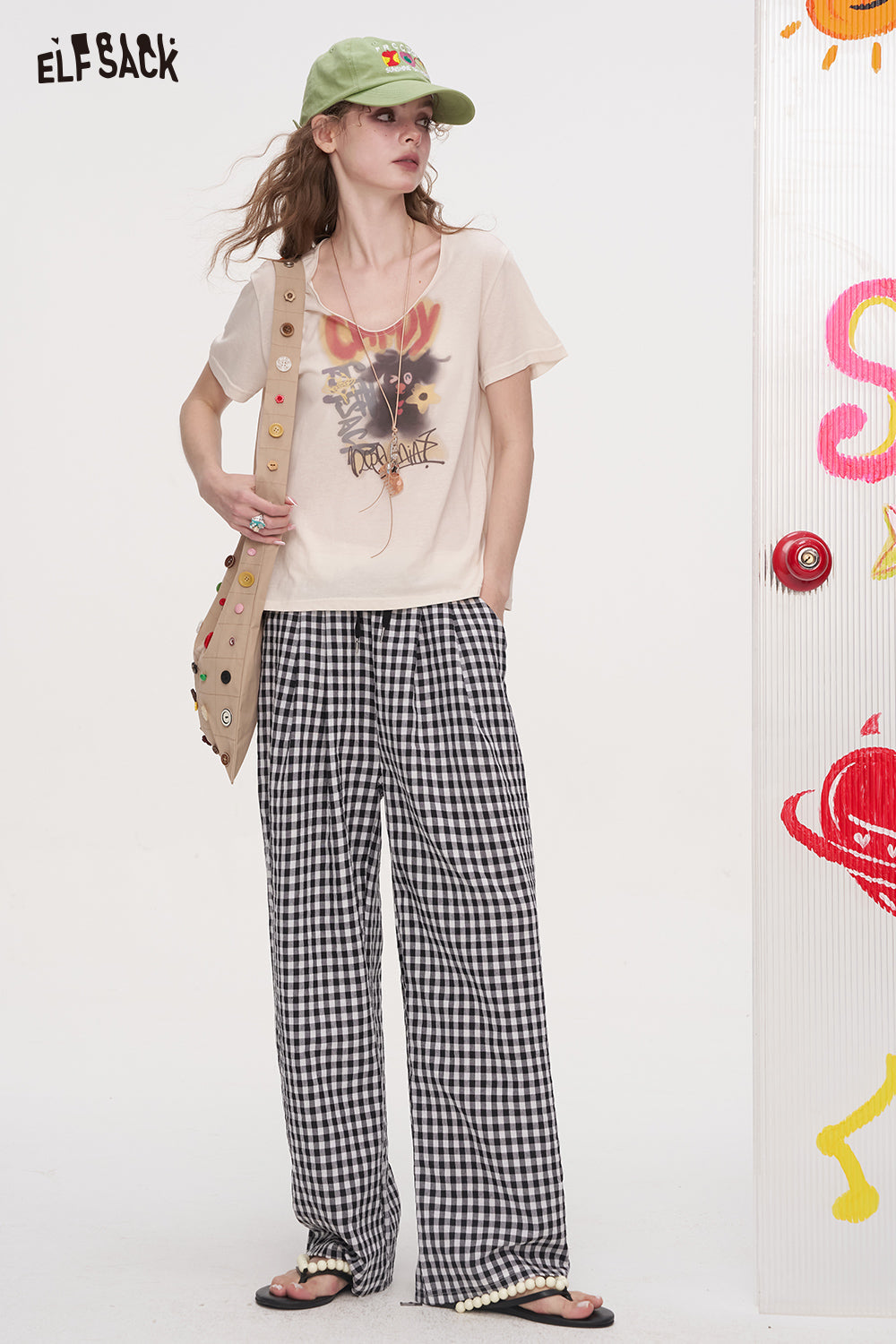 ELFSACK Checkered Wide Leg Casual Straight Leg Pants