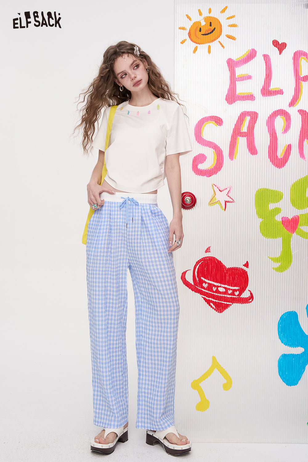 ELFSACK Checkered Wide Leg Casual Straight Leg Pants