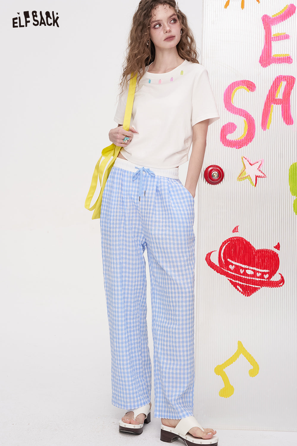 ELFSACK Checkered Wide Leg Casual Straight Leg Pants