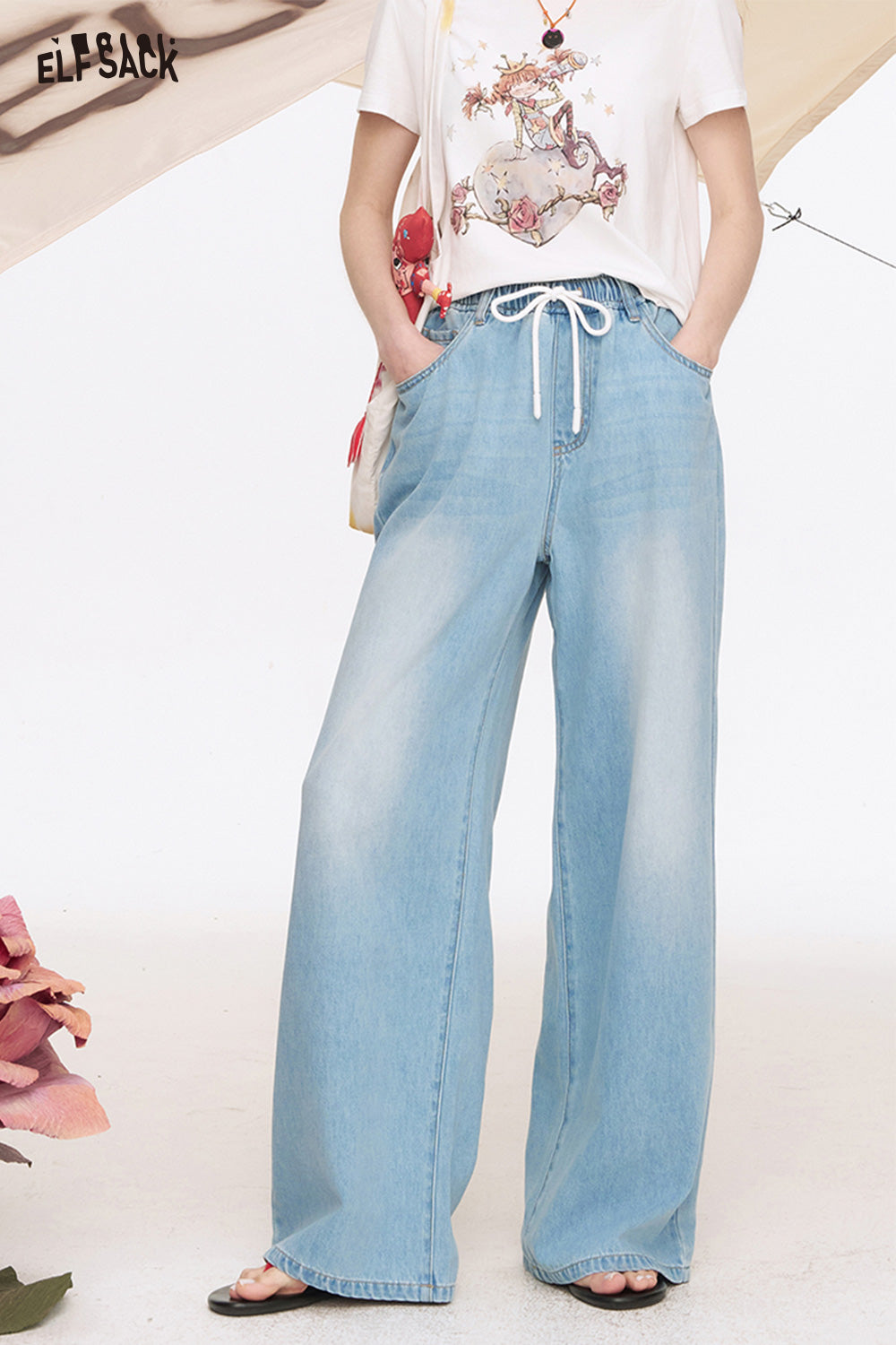 ELFSACK Light Colored Wide Leg Washed Loose Straight Leg Jeans