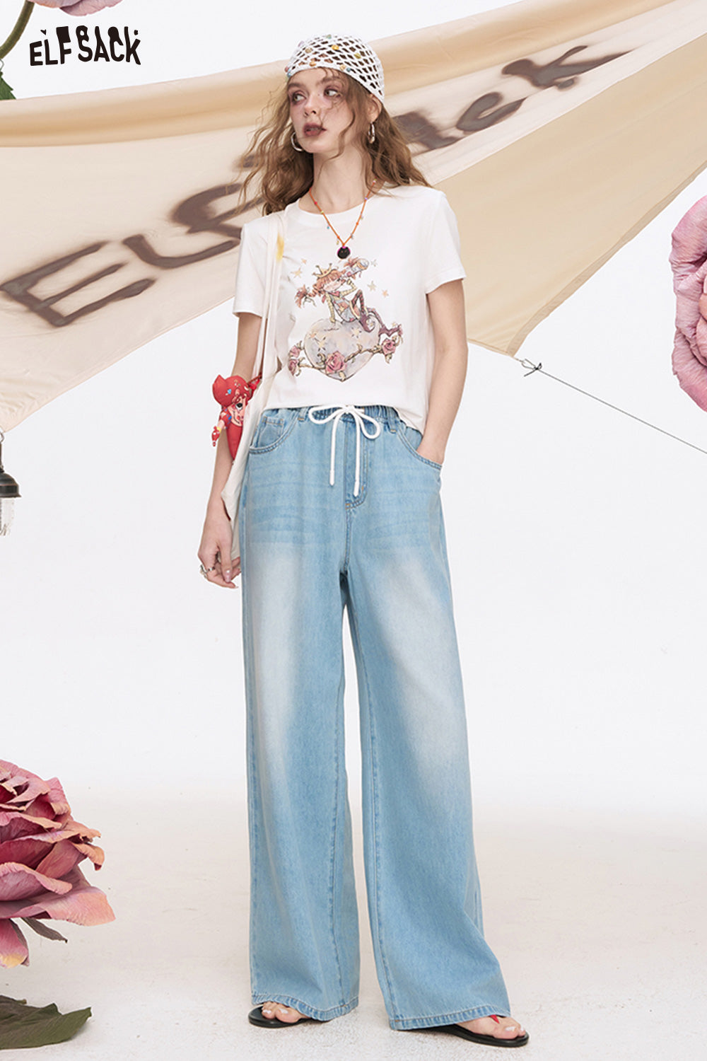 ELFSACK Light Colored Wide Leg Washed Loose Straight Leg Jeans