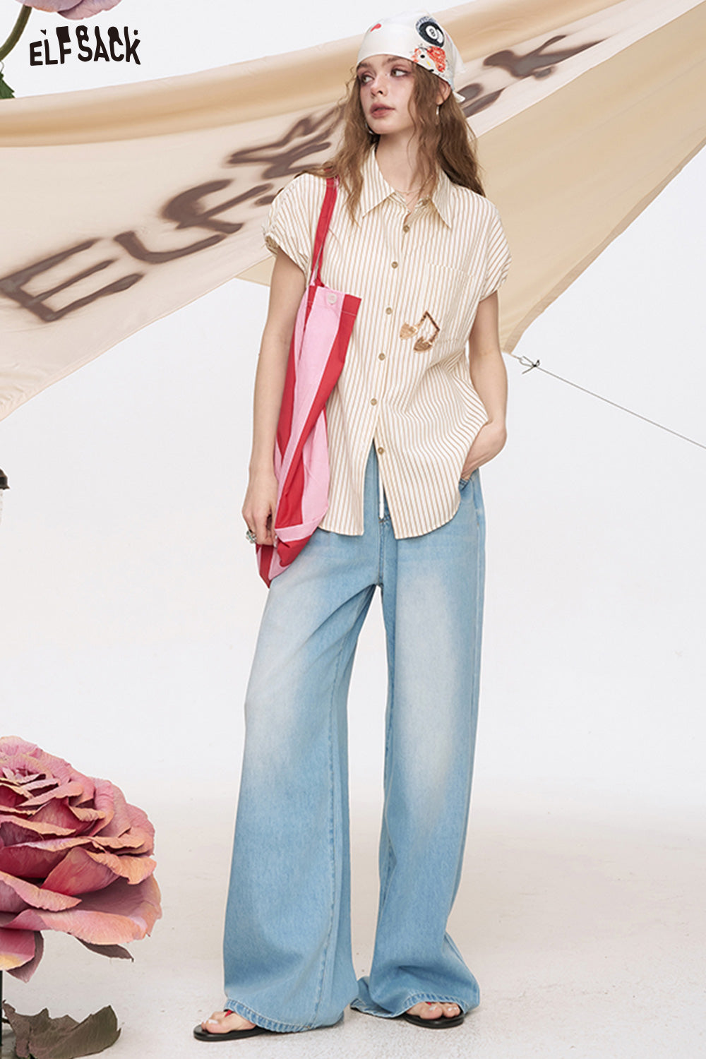 ELFSACK Light Colored Wide Leg Washed Loose Straight Leg Jeans