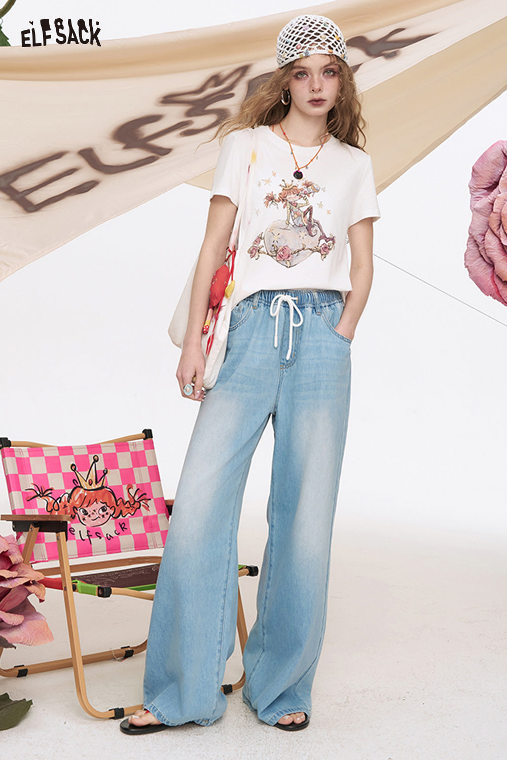 ELFSACK Light Colored Wide Leg Washed Loose Straight Leg Jeans