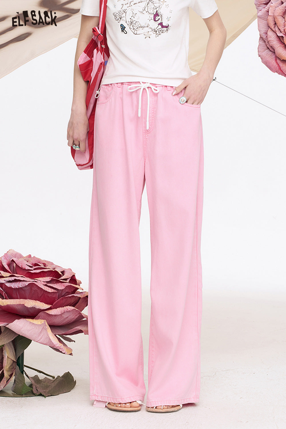 ELFSACK Light Colored Wide Leg Washed Loose Straight Leg Jeans