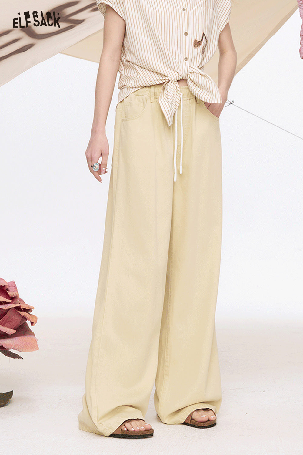 ELFSACK Light Colored Wide Leg Washed Loose Straight Leg Jeans