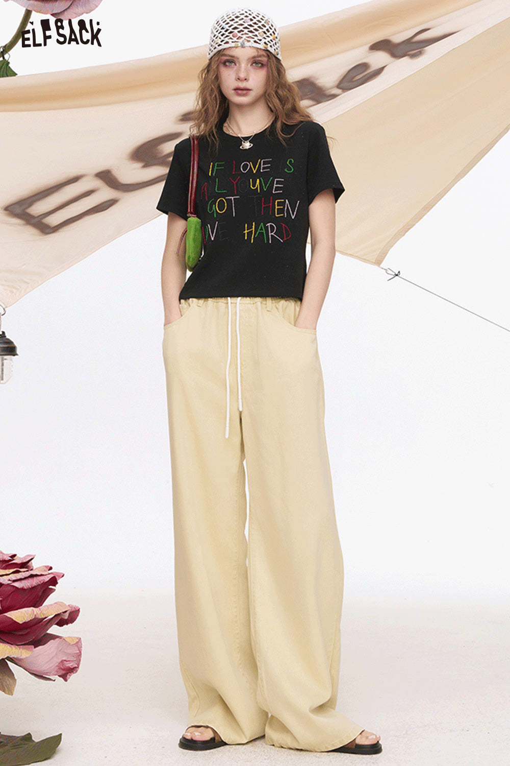 ELFSACK Light Colored Wide Leg Washed Loose Straight Leg Jeans