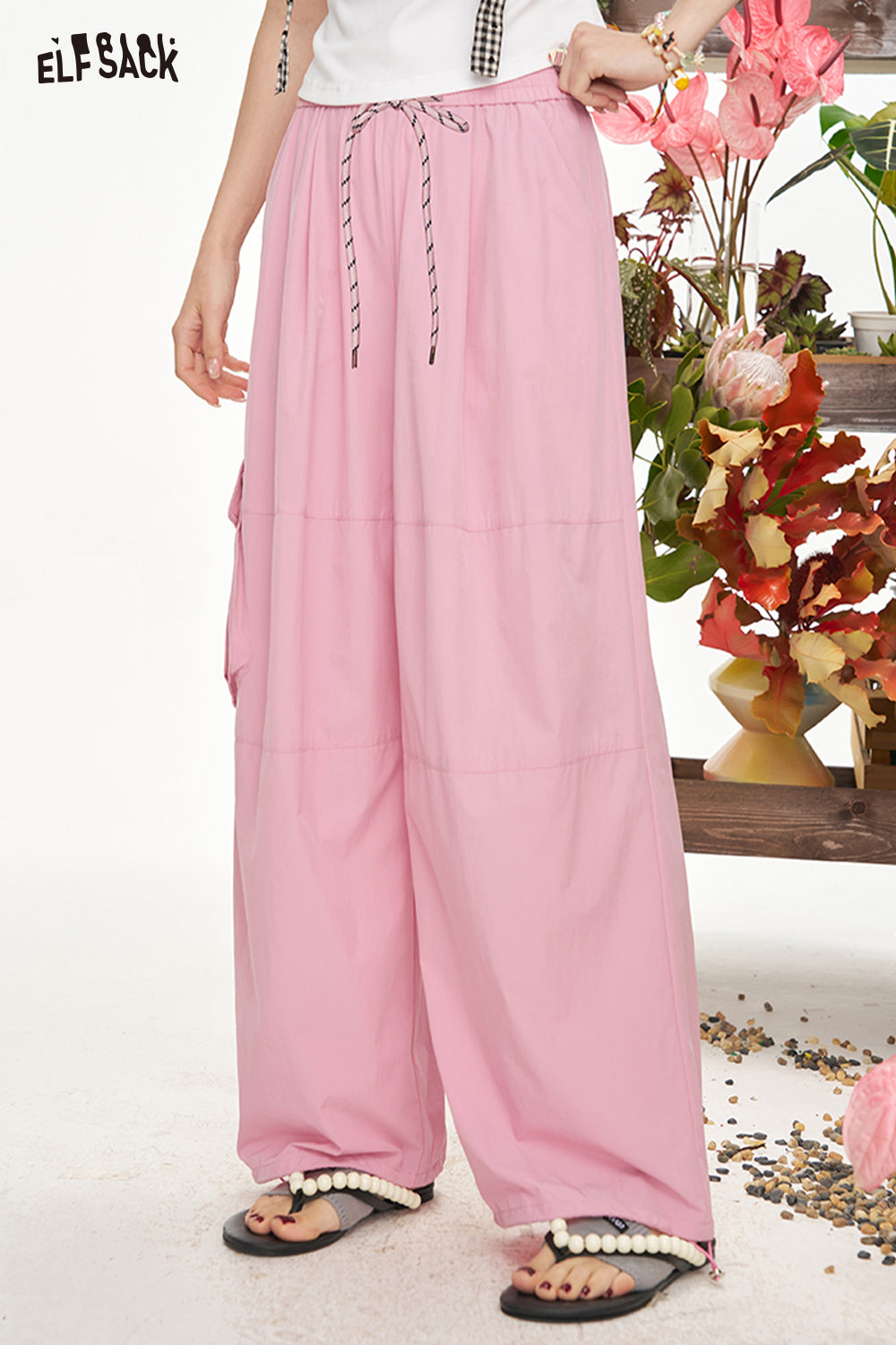 ELFSACK Pink Cargo Casual Straight Leg Wide Leg Pants
