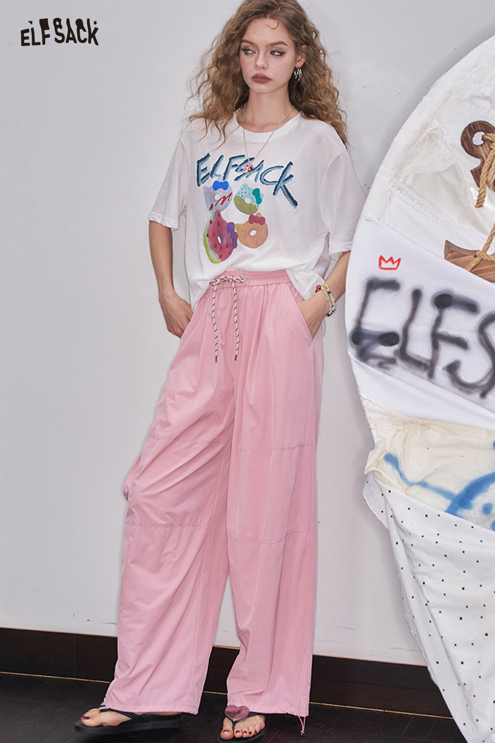 ELFSACK Pink Cargo Casual Straight Leg Wide Leg Pants