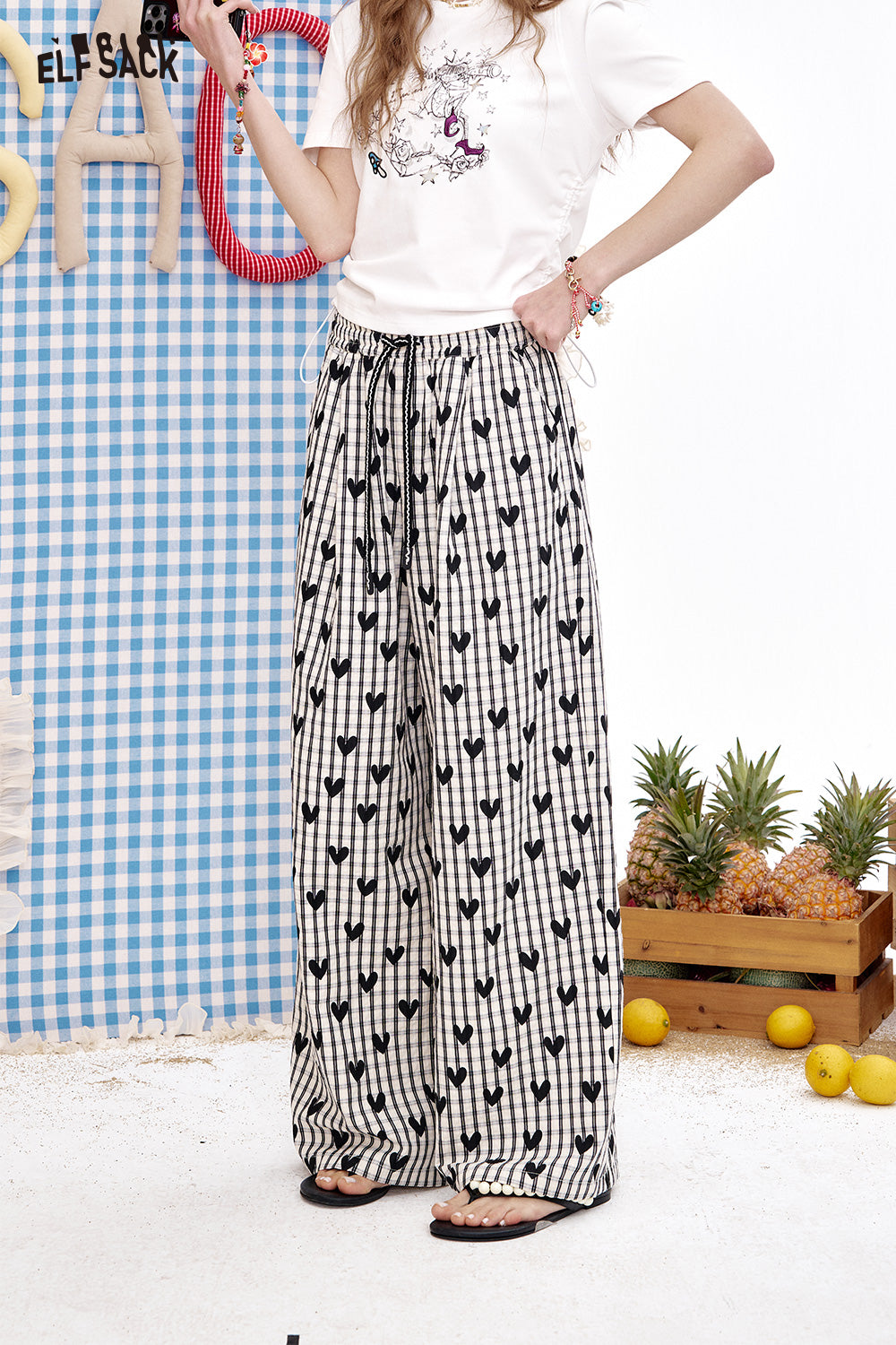 ELFSACK Retro Heart-Shaped Wide Leg Loose Casual Straight Leg Pants