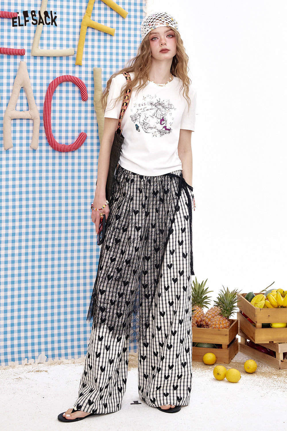 ELFSACK Retro Heart-Shaped Wide Leg Loose Casual Straight Leg Pants