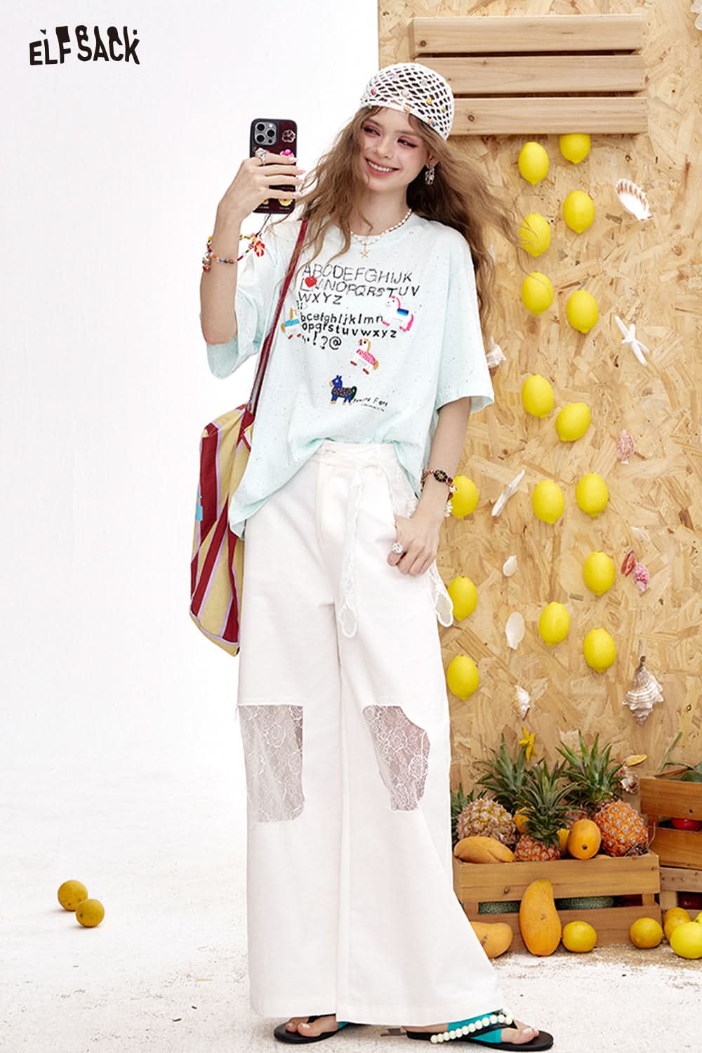 ELFSACK Lace Patchwork Loose Casual Wide Leg Pants
