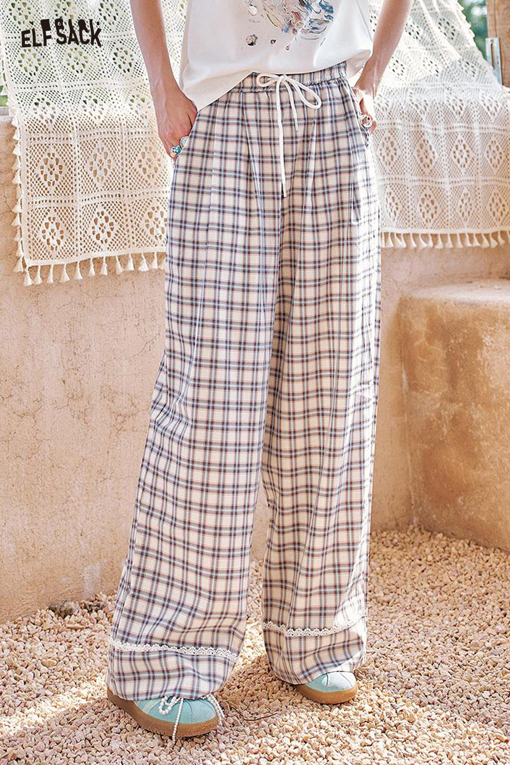 ELFSACK Checkered Casual Tube Wide Leg Pants