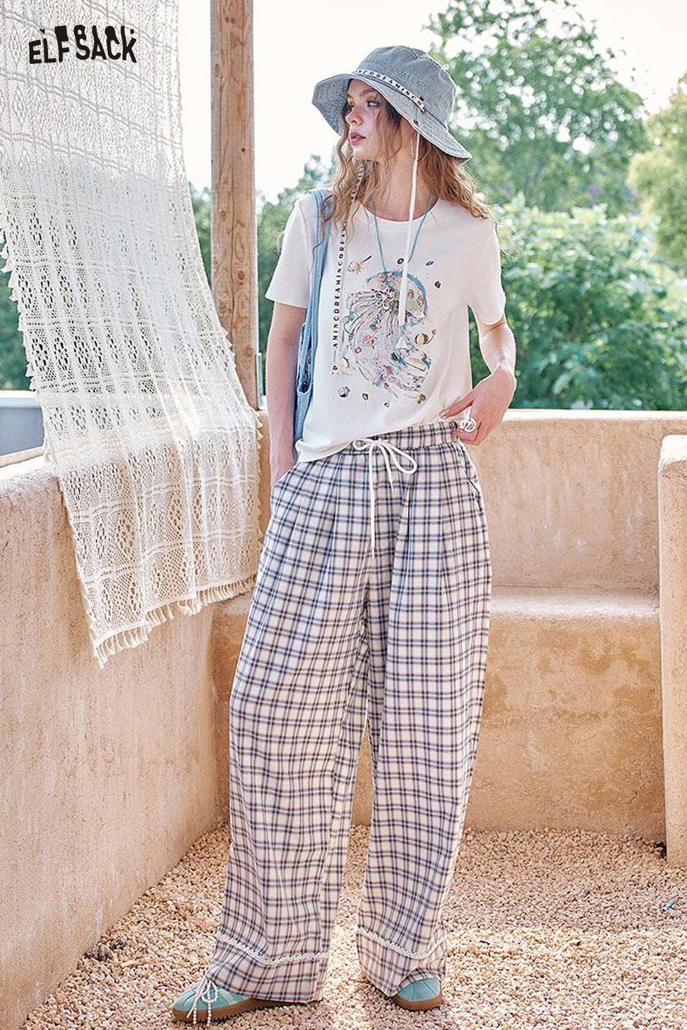 ELFSACK Checkered Casual Tube Wide Leg Pants