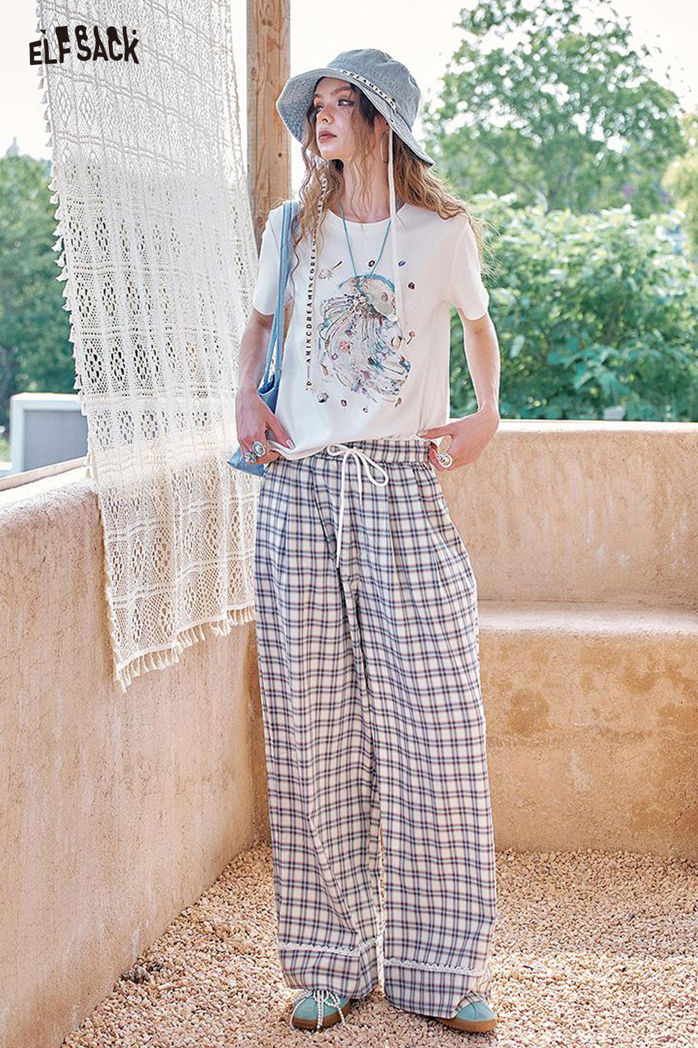 ELFSACK Checkered Casual Tube Wide Leg Pants