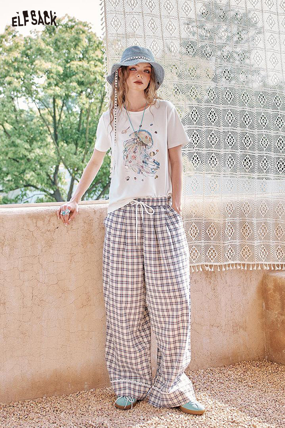ELFSACK Checkered Casual Tube Wide Leg Pants