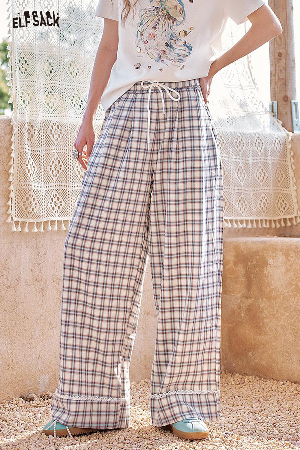 ELFSACK Checkered Casual Tube Wide Leg Pants