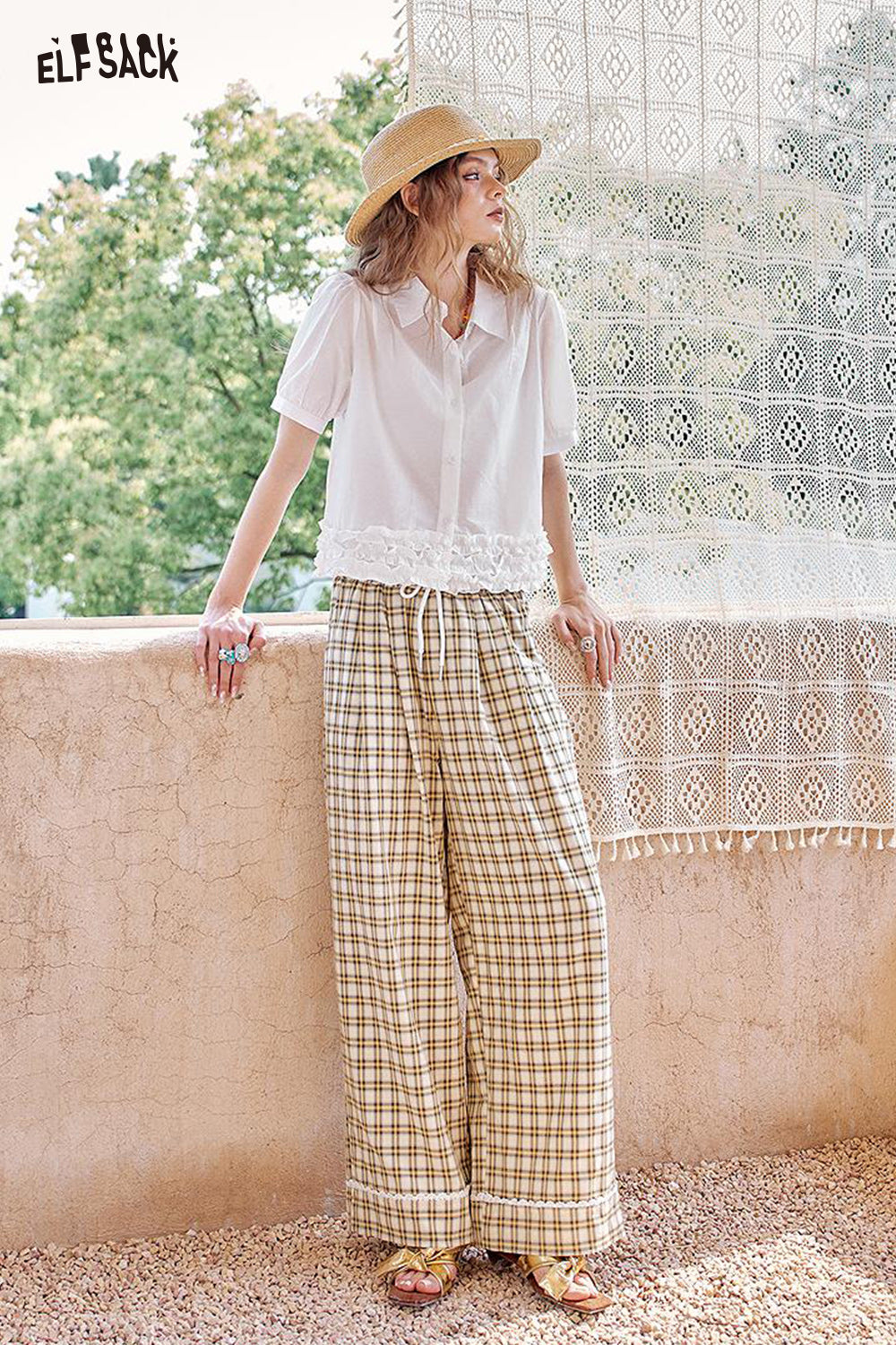 ELFSACK Checkered Casual Tube Wide Leg Pants