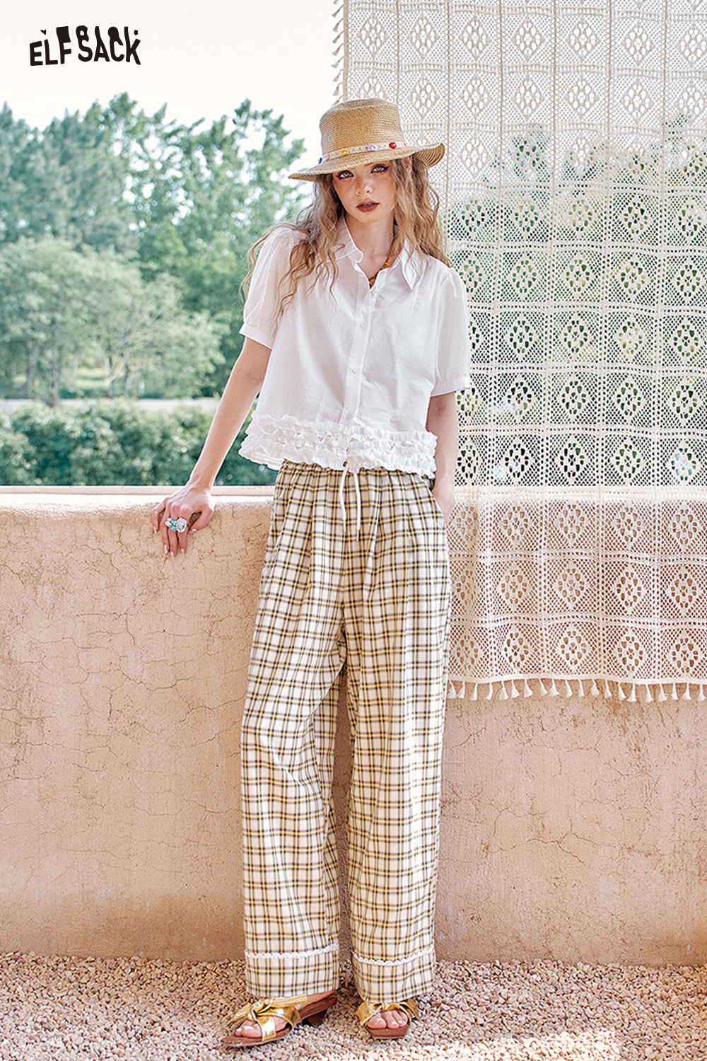 ELFSACK Checkered Casual Tube Wide Leg Pants