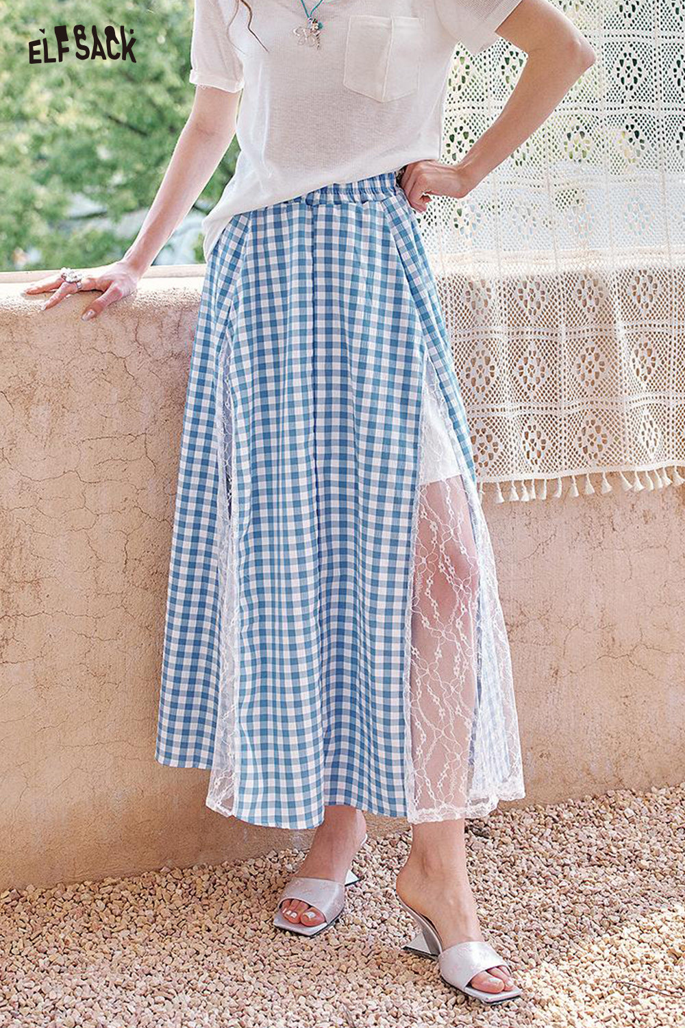 ELFSACK Lace Patchwork Plaid High Waisted Chic Skirt