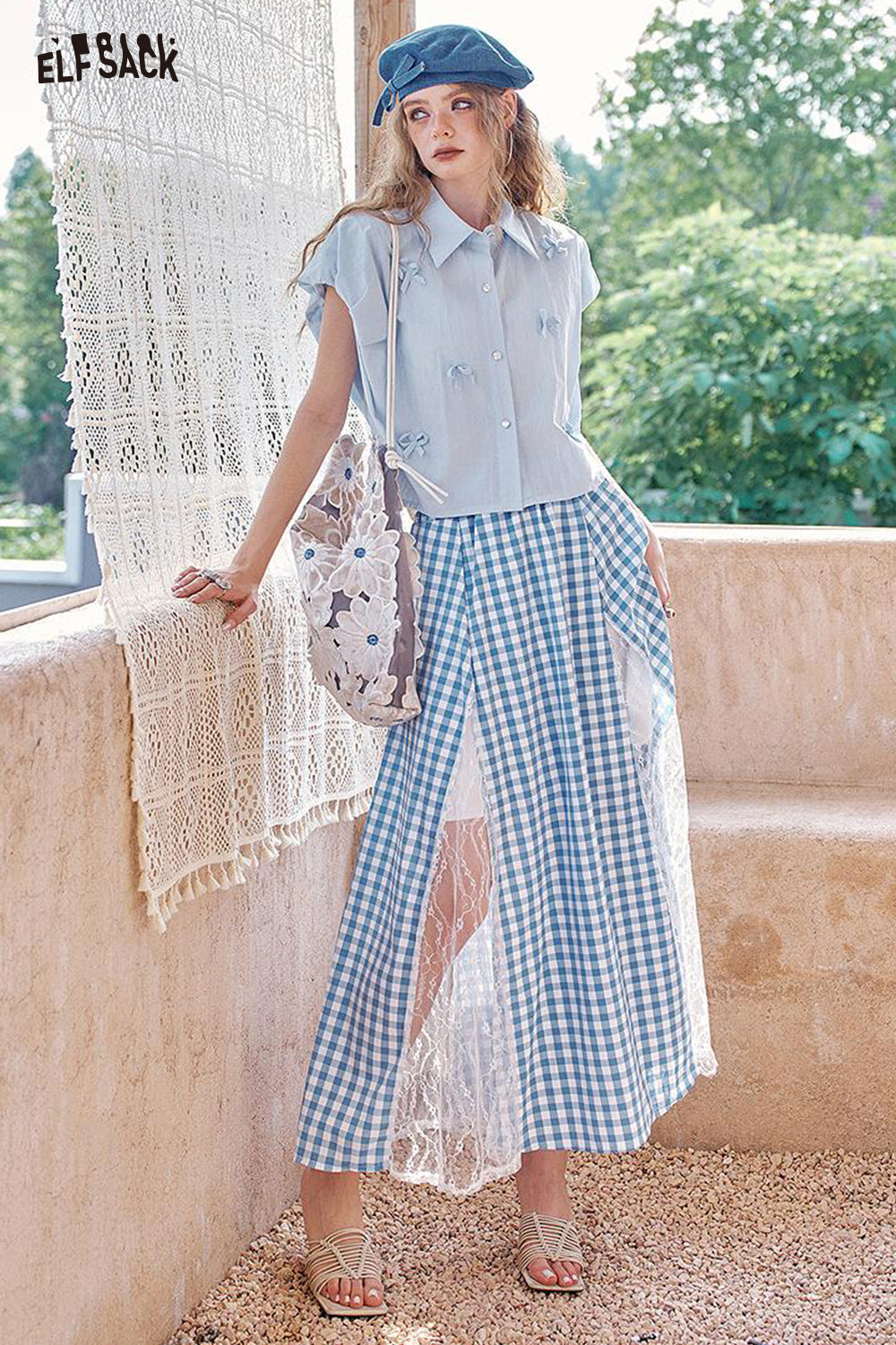 ELFSACK Lace Patchwork Plaid High Waisted Chic Skirt