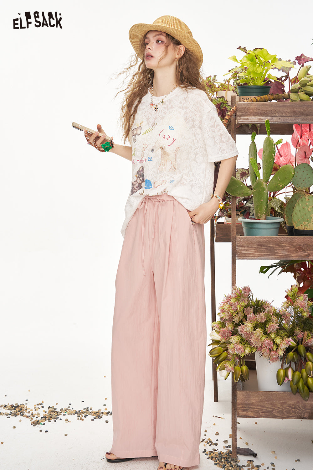 ELFSACK High Waisted Loose Casual Straight Leg Wide Leg Pants