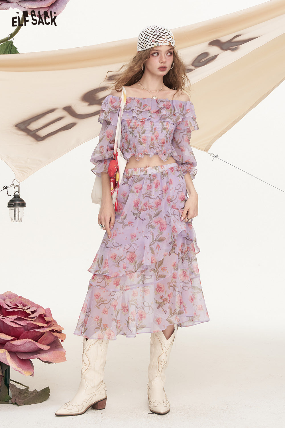 ELFSACK Broken Flower One Collar Chiffon Shirt Half Skirt Two-Piece Set