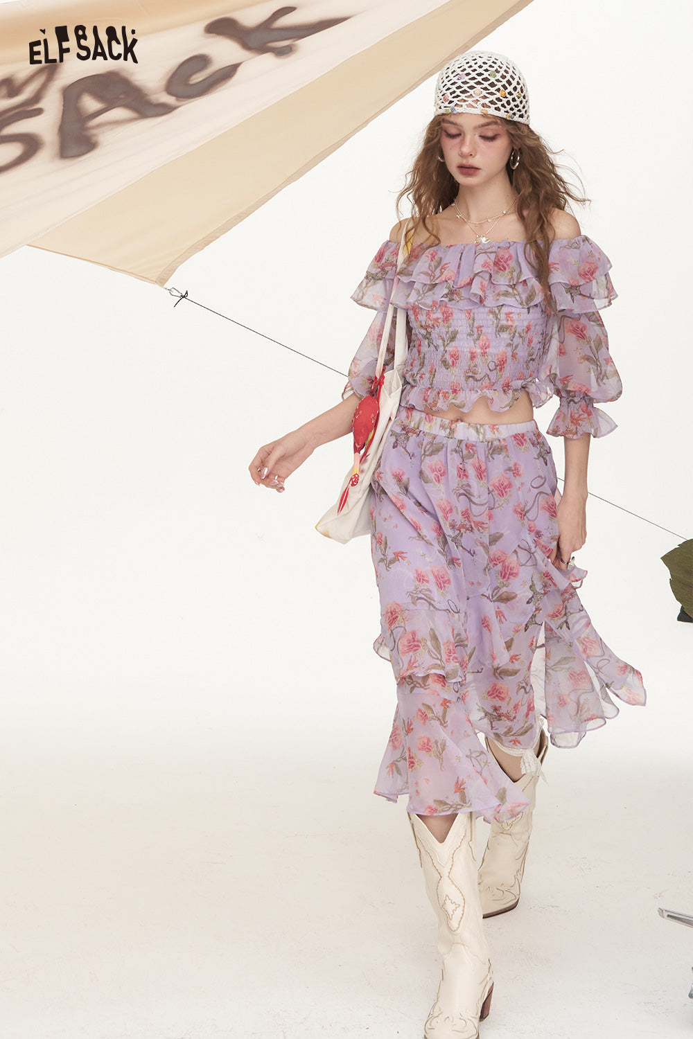 ELFSACK Broken Flower One Collar Chiffon Shirt Half Skirt Two-Piece Set