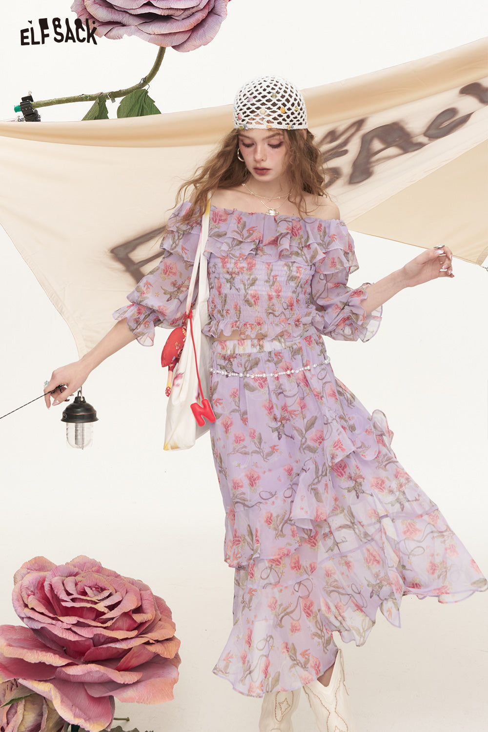ELFSACK Broken Flower One Collar Chiffon Shirt Half Skirt Two-Piece Set