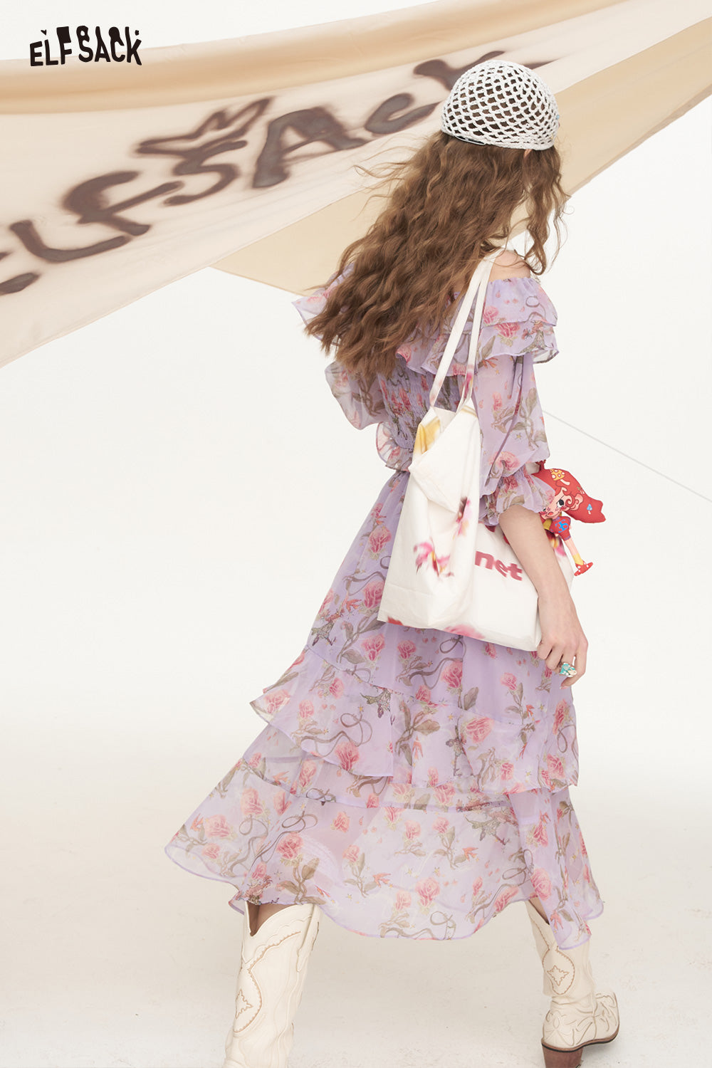 ELFSACK Broken Flower One Collar Chiffon Shirt Half Skirt Two-Piece Set