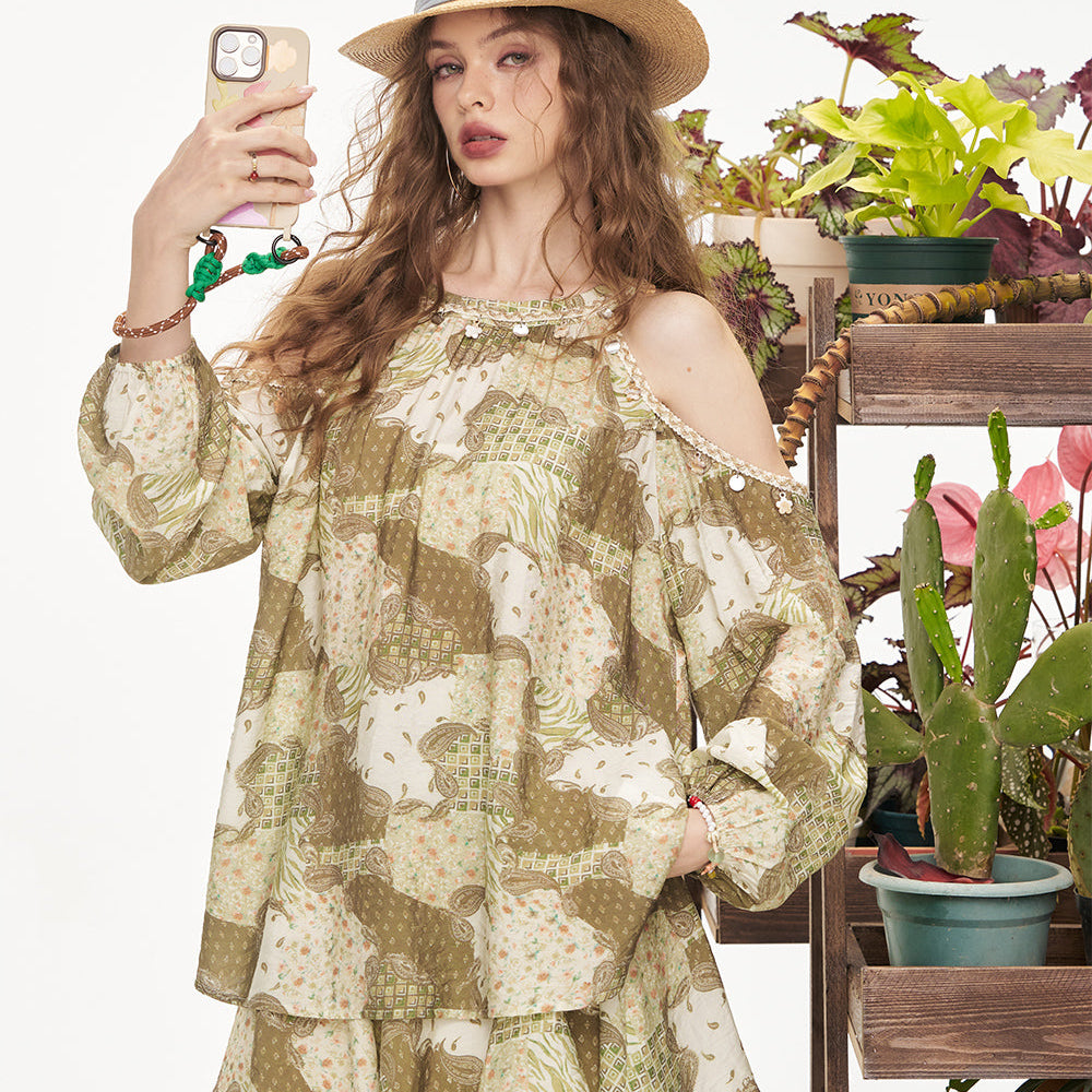 ELFSACK Hanging Neck Printed Chiffon Shirt Half Skirt Chic Two-Piece Set