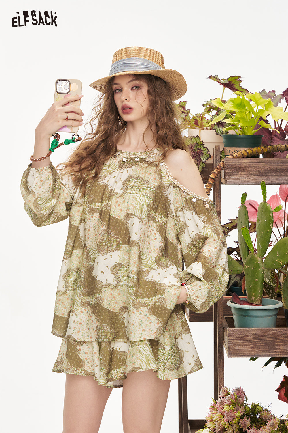 ELFSACK Hanging Neck Printed Chiffon Shirt Half Skirt Chic Two-Piece Set