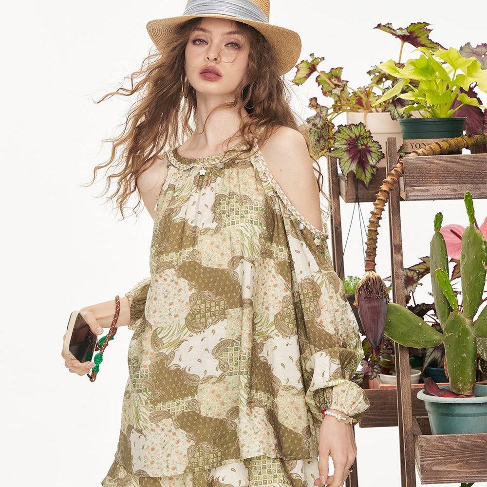 ELFSACK Hanging Neck Printed Chiffon Shirt Half Skirt Chic Two-Piece Set