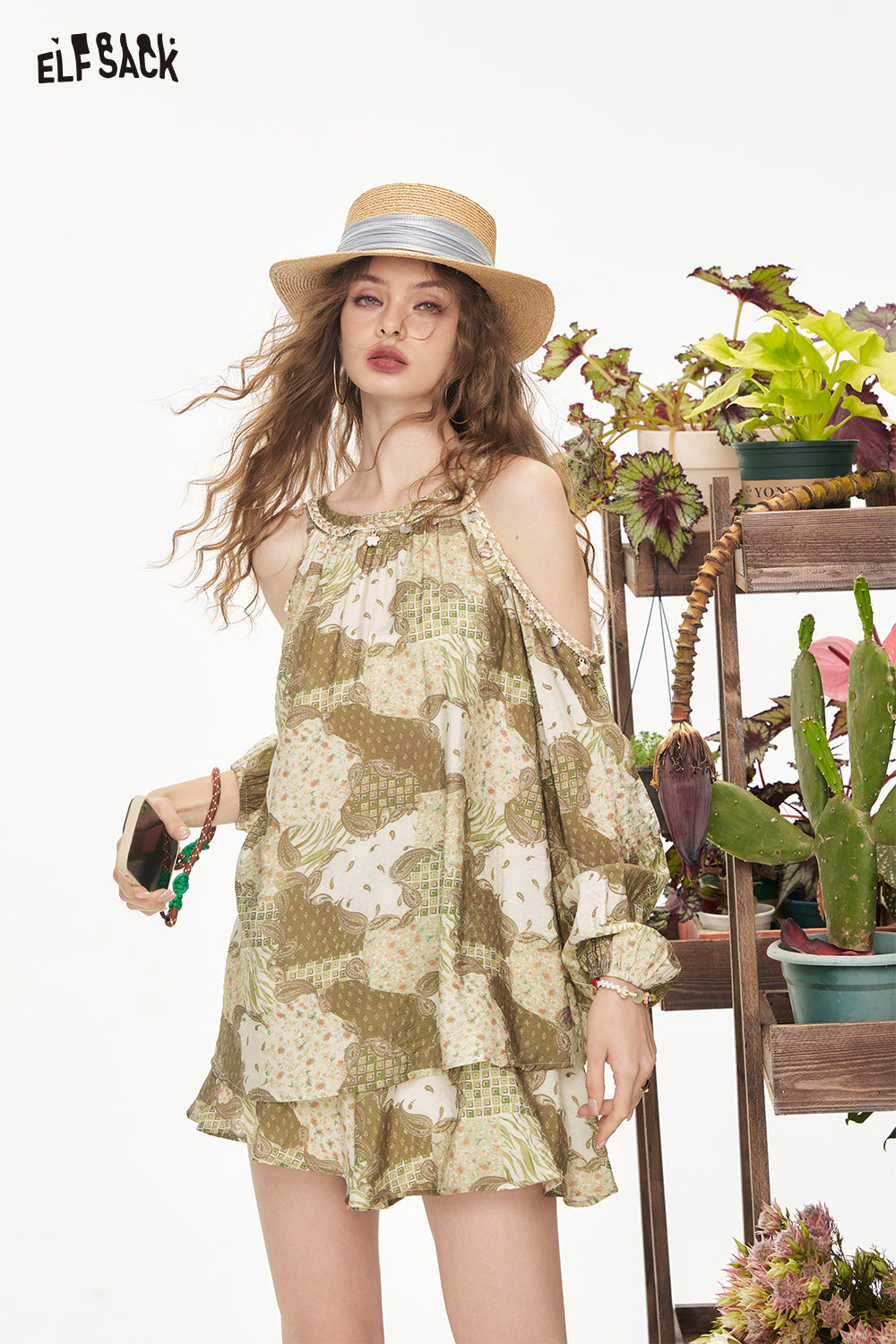 ELFSACK Hanging Neck Printed Chiffon Shirt Half Skirt Chic Two-Piece Set