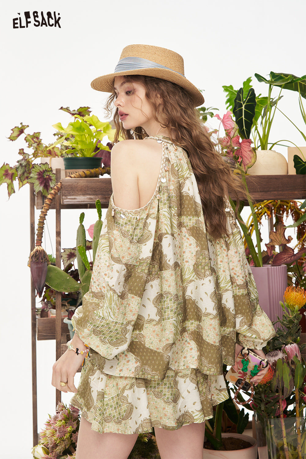 ELFSACK Hanging Neck Printed Chiffon Shirt Half Skirt Chic Two-Piece Set