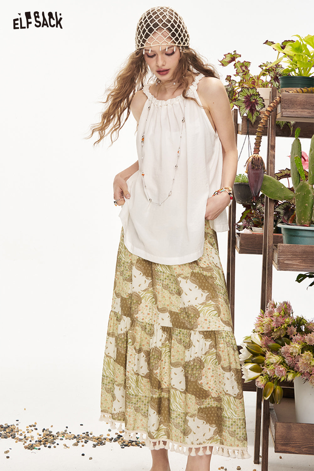 ELFSACK Bohemian Neck Hanging Shirt Half Skirt Two-Piece Set