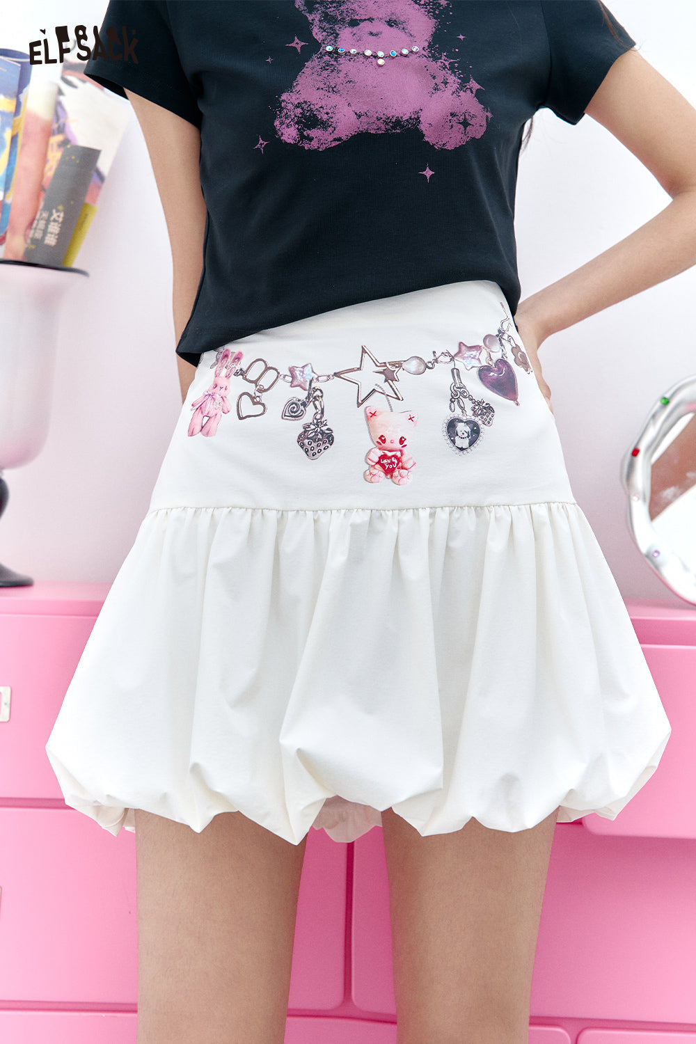 ELFSACK Sweet High Waisted White Floral Bud Chic Skirt