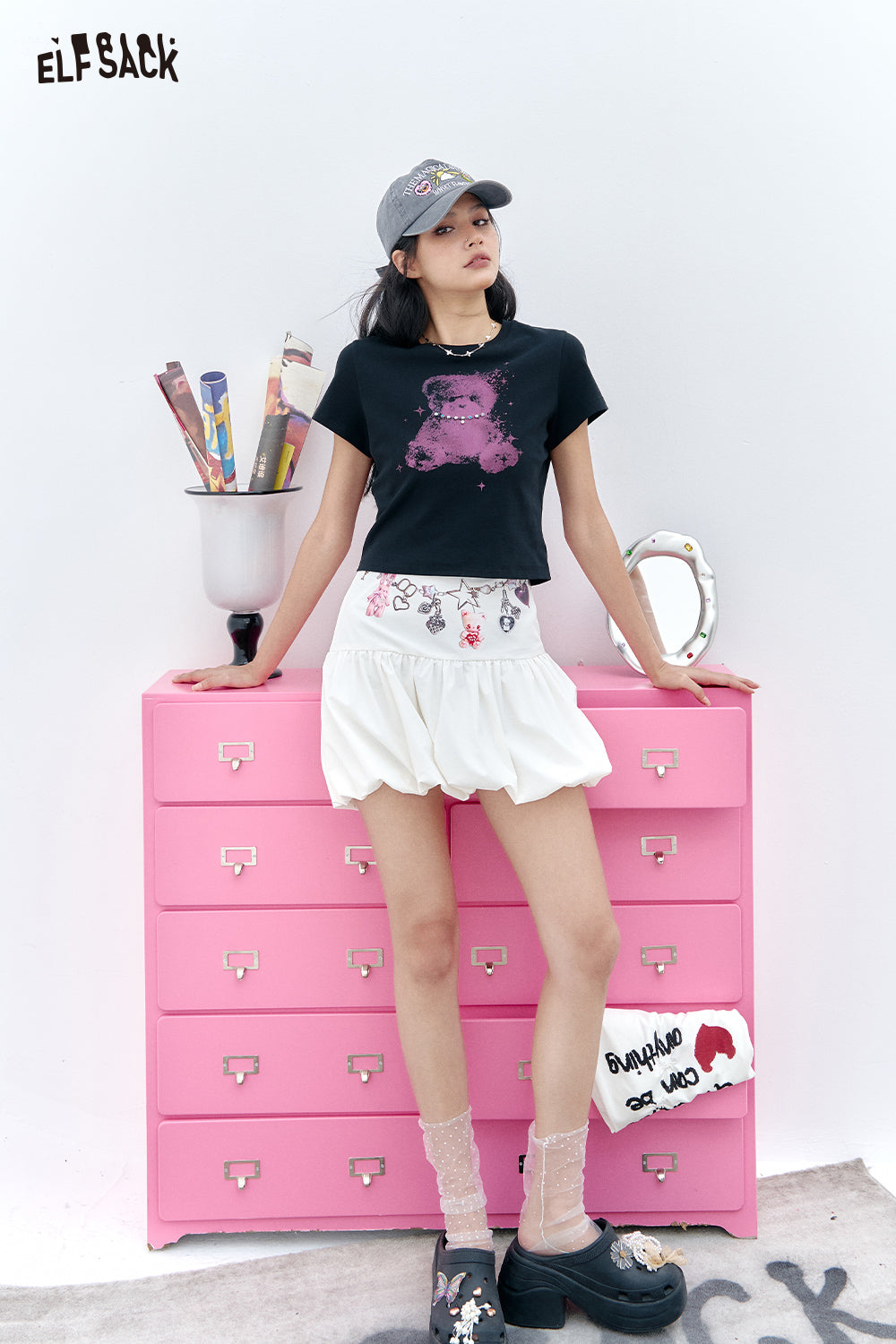ELFSACK Sweet High Waisted White Floral Bud Chic Skirt