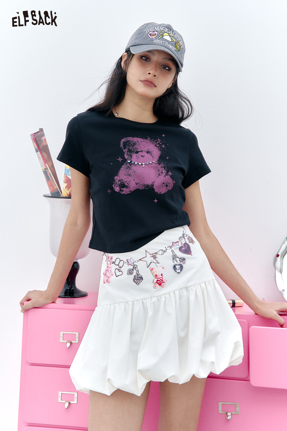 ELFSACK Sweet High Waisted White Floral Bud Chic Skirt