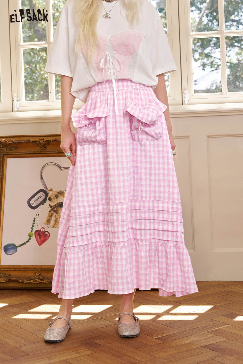 ELFSACK Grid High Waisted Pink Half Length Chic Long Skirt