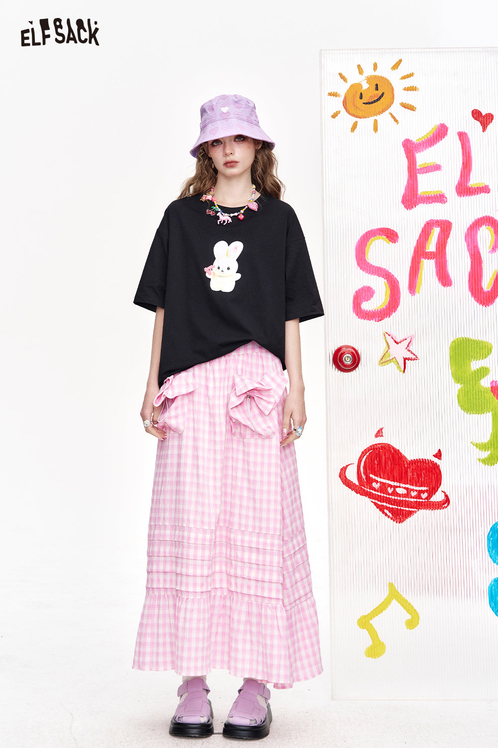 ELFSACK Grid High Waisted Pink Half Length Chic Long Skirt