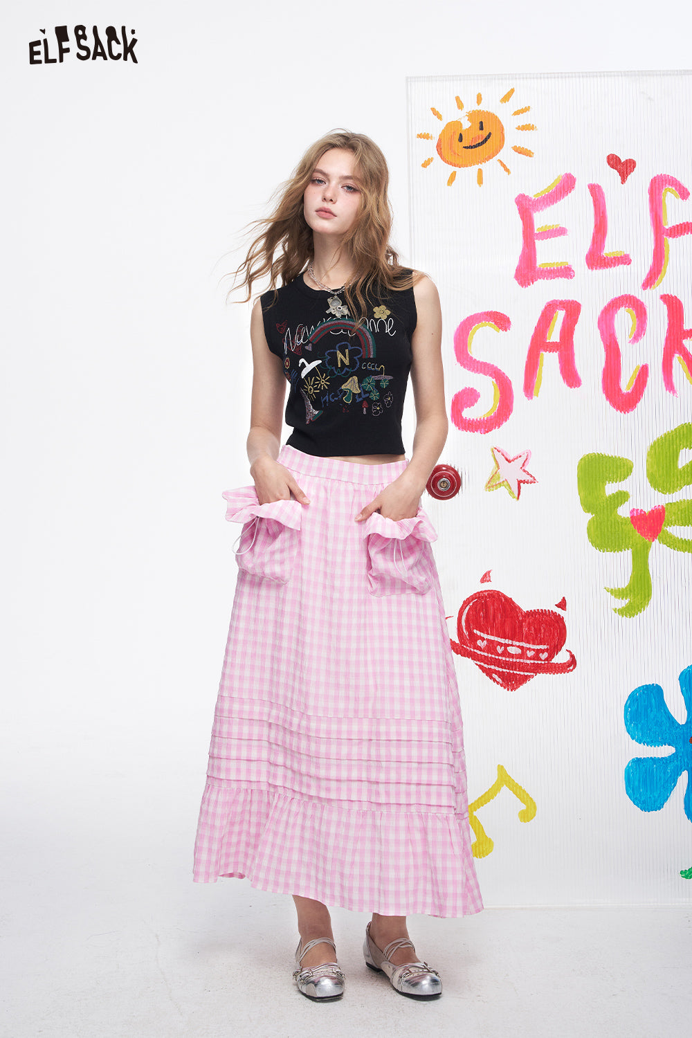 ELFSACK Grid High Waisted Pink Half Length Chic Long Skirt