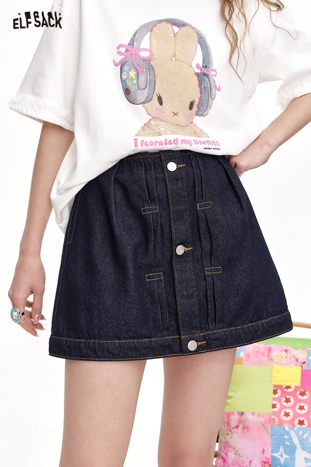 ELFSACK Retro Denim Midi Skirt