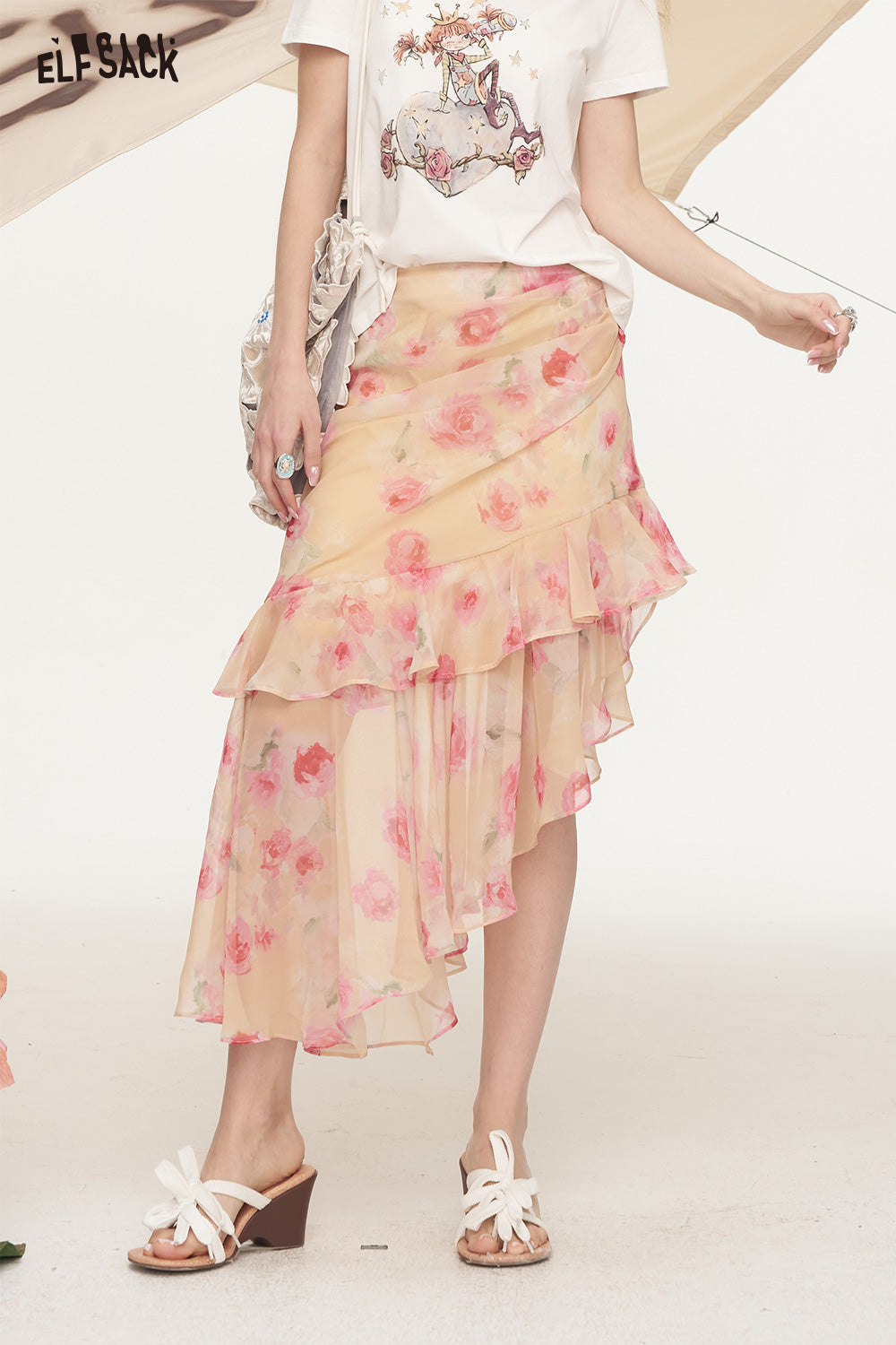 ELFSACK Rose Print Regular Ruffled Chic Skirt