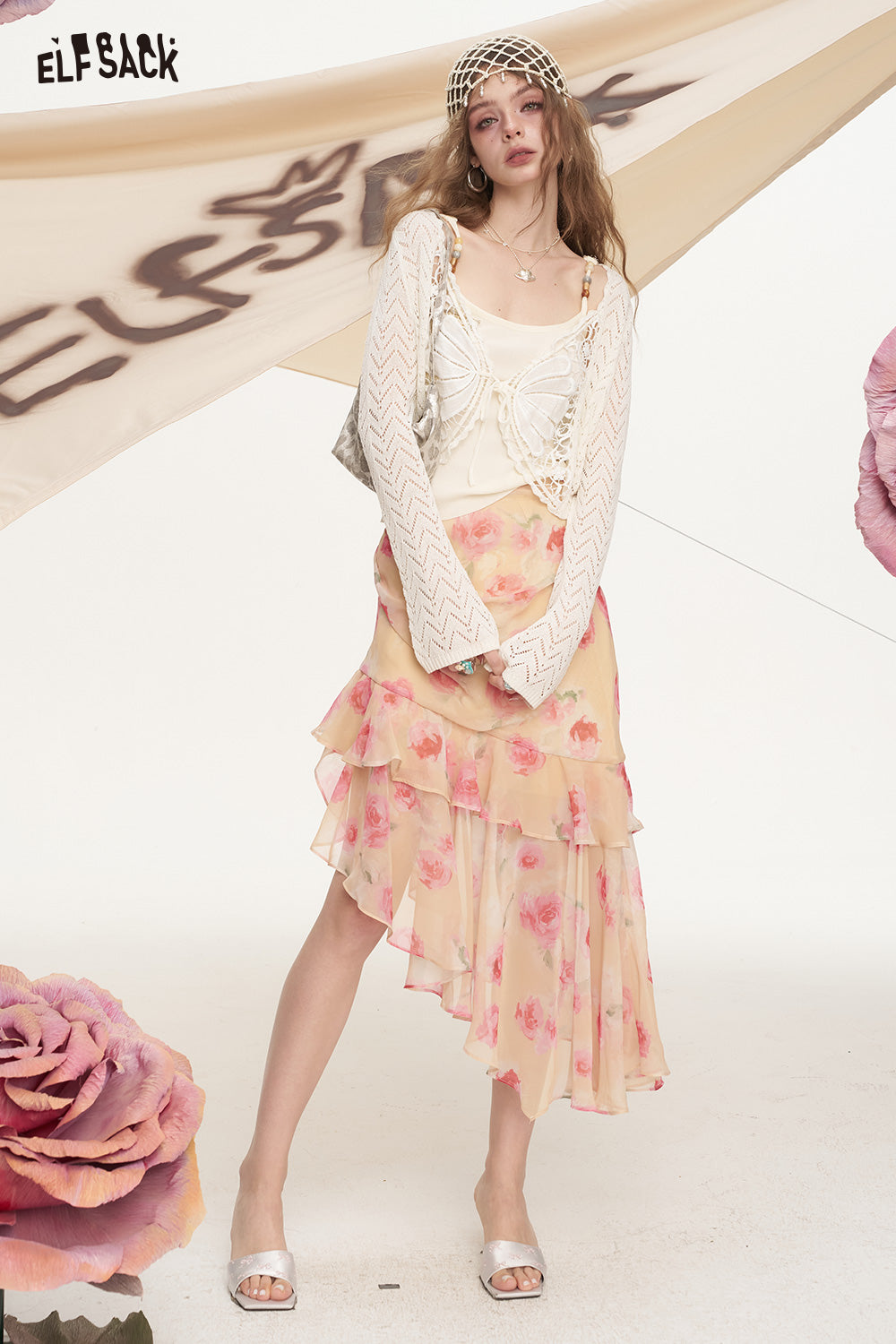 ELFSACK Rose Print Regular Ruffled Chic Skirt