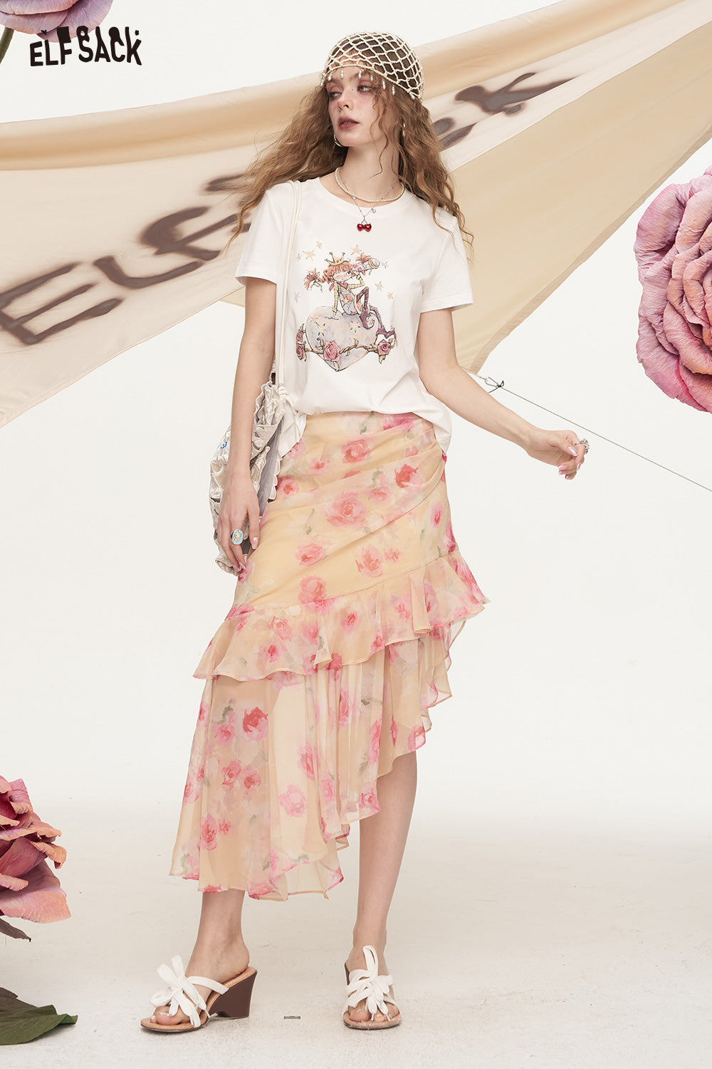 ELFSACK Rose Print Regular Ruffled Chic Skirt