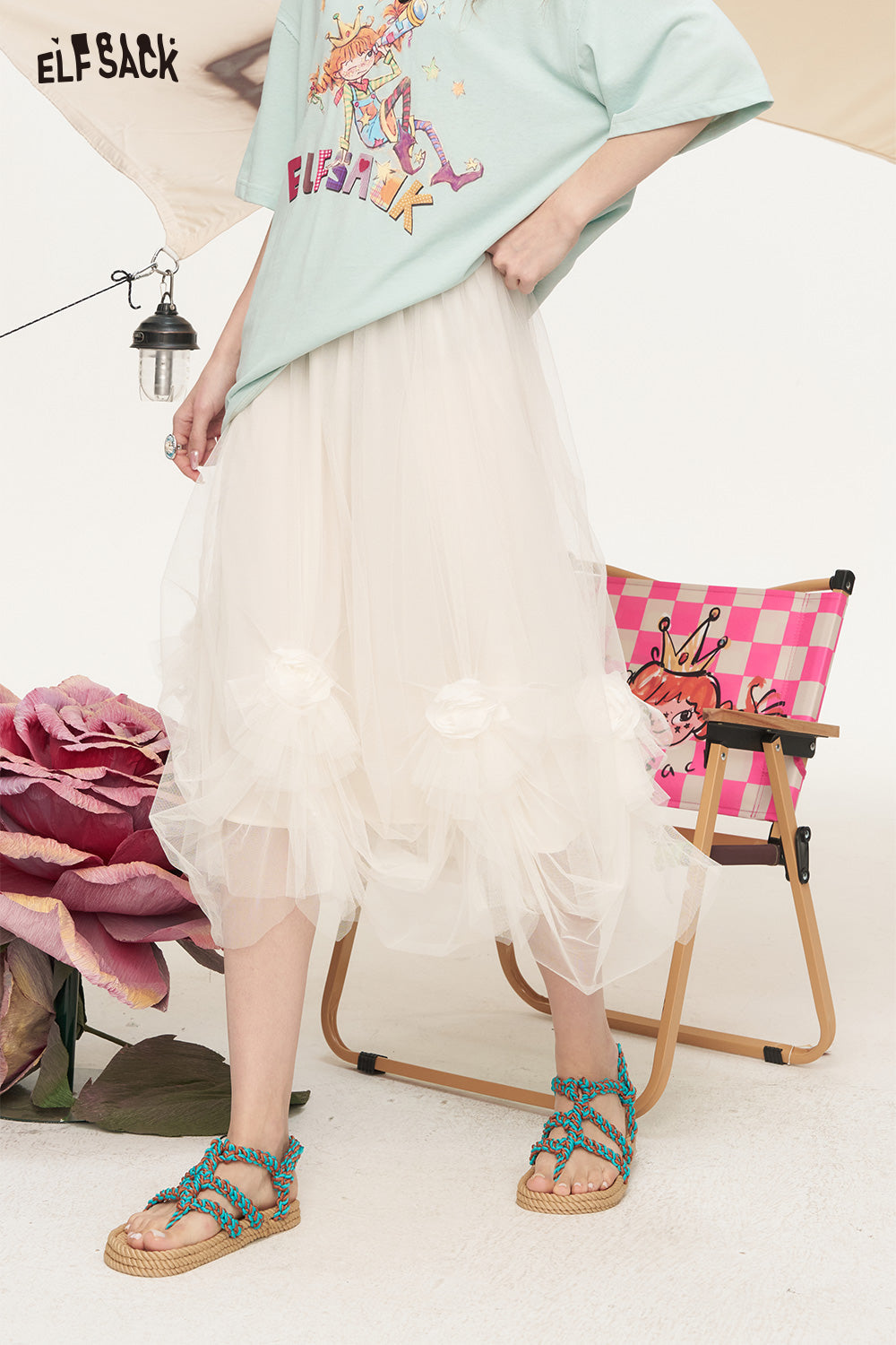 ELFSACK Rice White Sweet Mesh Princess Skirt
