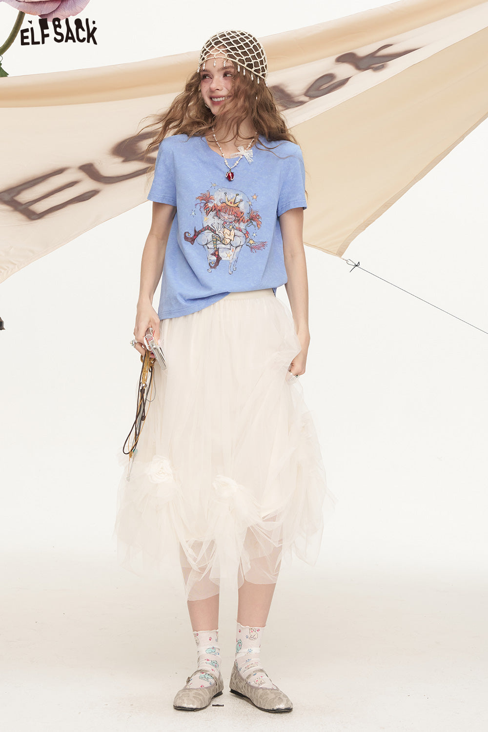 ELFSACK Rice White Sweet Mesh Princess Skirt