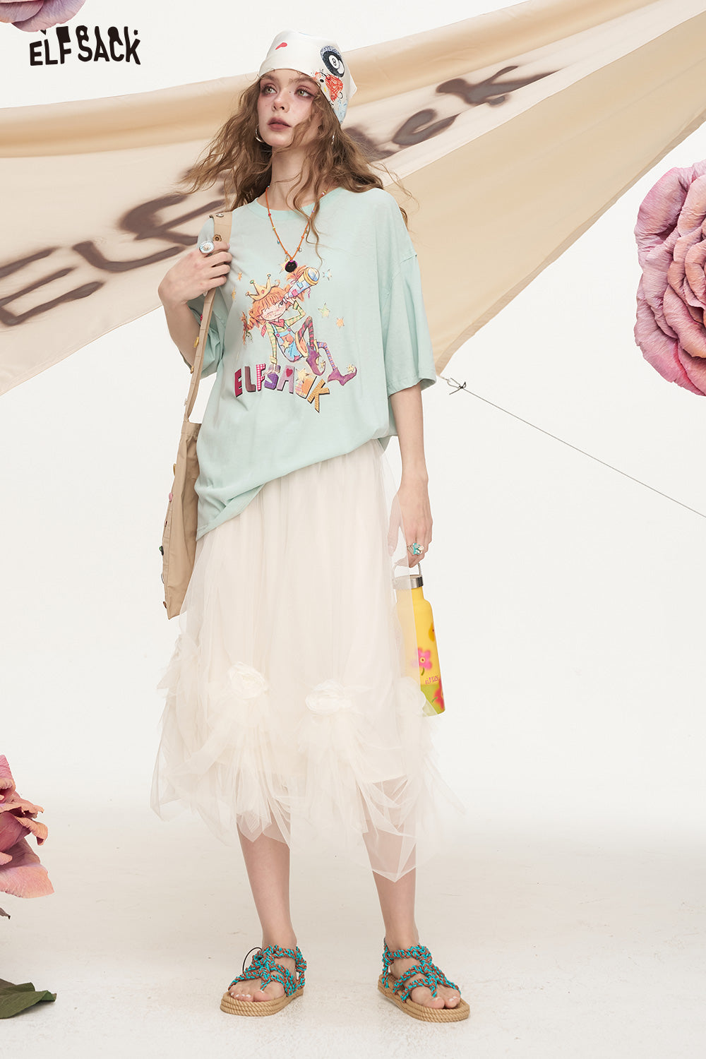 ELFSACK Rice White Sweet Mesh Princess Skirt