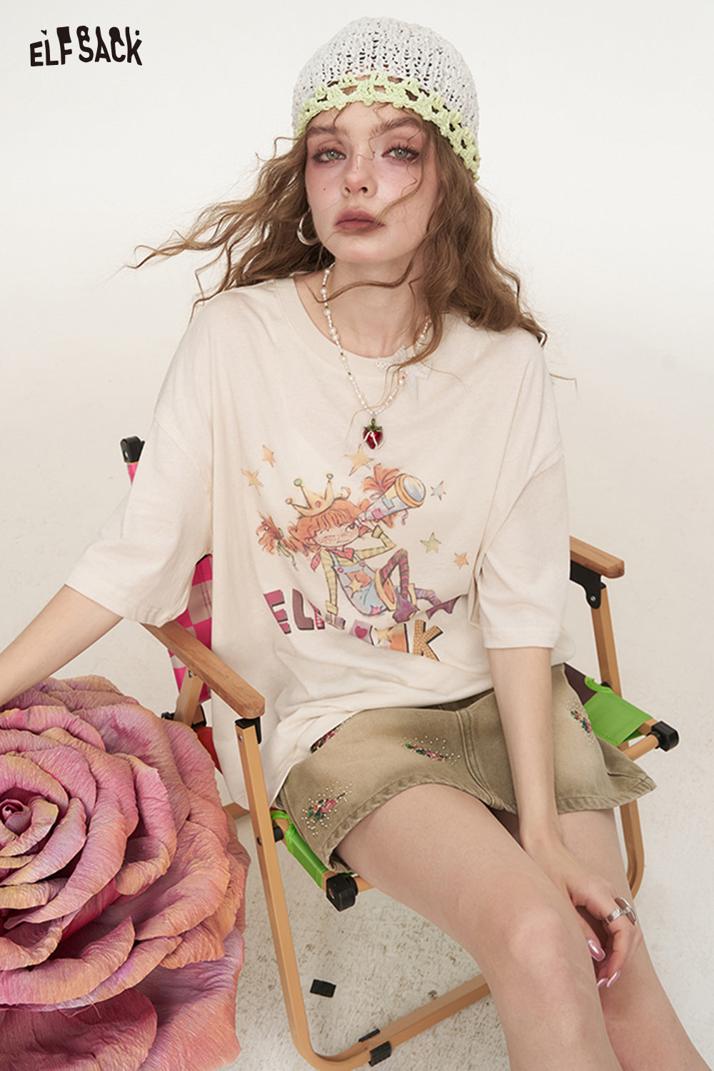 ELFSACK Original Embroidered A-Line Gradient Denim Short Skirt